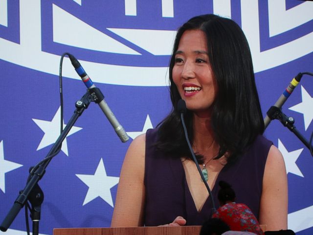 Boston Mayor Michelle Wu addresses the crowd at the Postponed Inaugural Gala