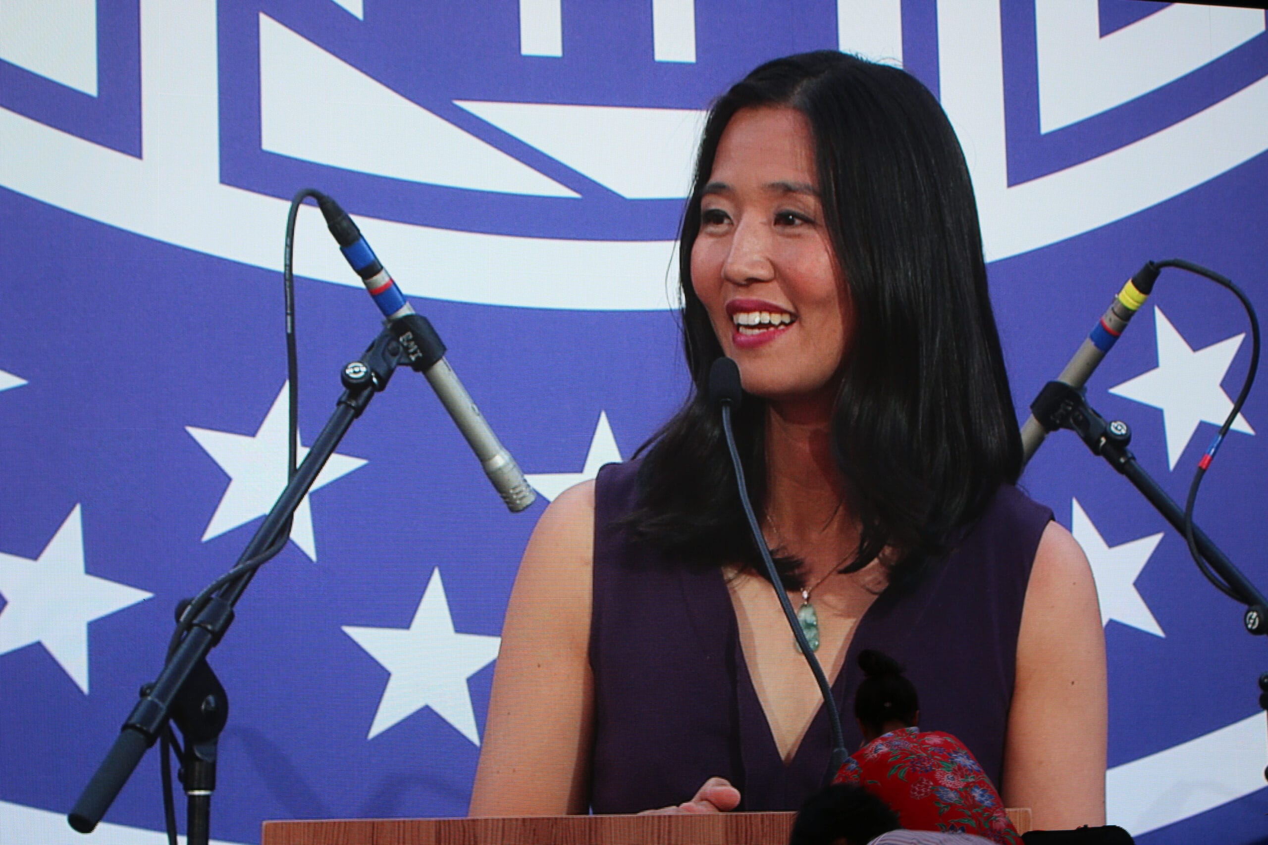 Boston Mayor Michelle Wu addresses the crowd at the Postponed Inaugural Gala